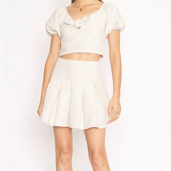 4Sienna Esma Pleated Textured Tweed Mini A-Line Skater Skirt Ivory Women XS - Picture 1 of 10